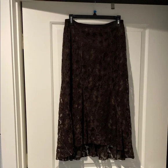 Brown Midi A-Line High Low Lace Skirt - Picture 1 of 5